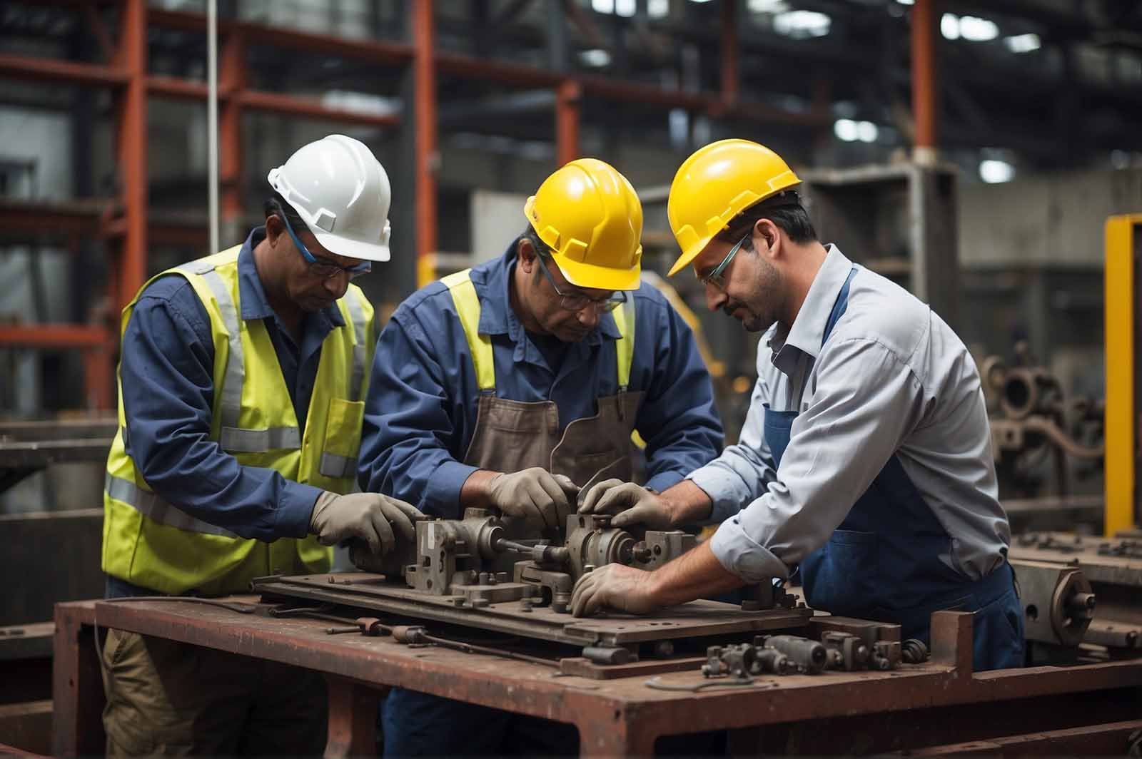 Engineers refurbishing industrial machinery